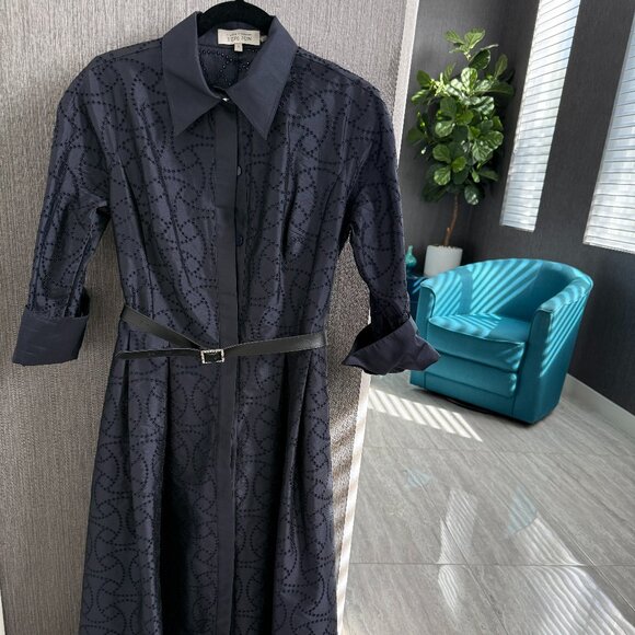 Teri Jon by Rickie Freeman Navy Embroidered Shirt Dress with Belt (Size 8) - Picture 1 of 5